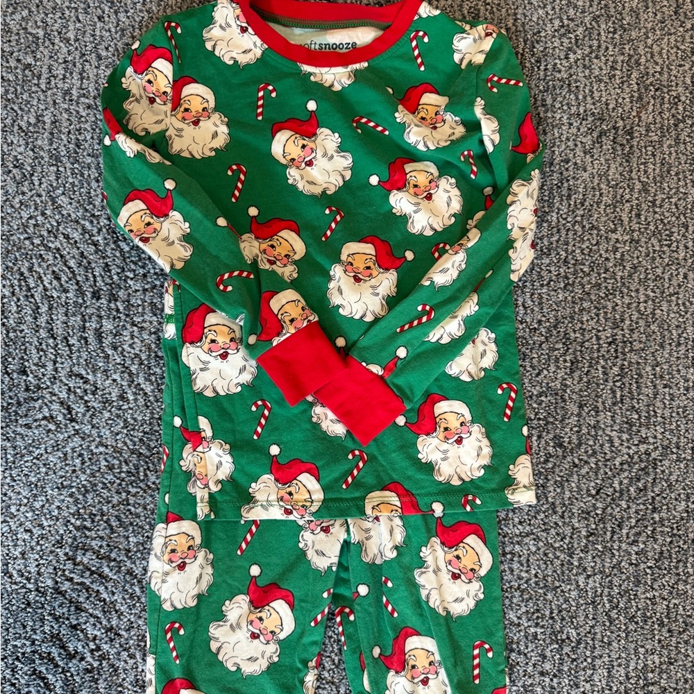 Soft Snooze Kids 5/6Green Santa Christmas Candy Cane Pajama PJs Set